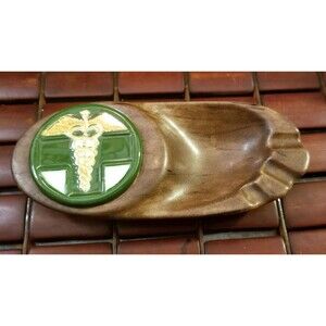 Vintage 1970 Ceramic Doctor's Ashtray W/ Green Cross & Gold Caduceus 6.5"x3"x1"
